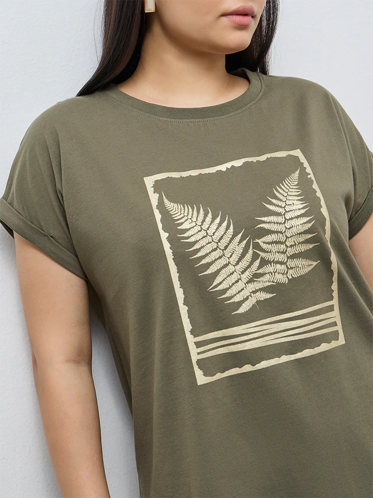 Gia Olive Leaf Pattern Cotton T-Shirt - Image 3