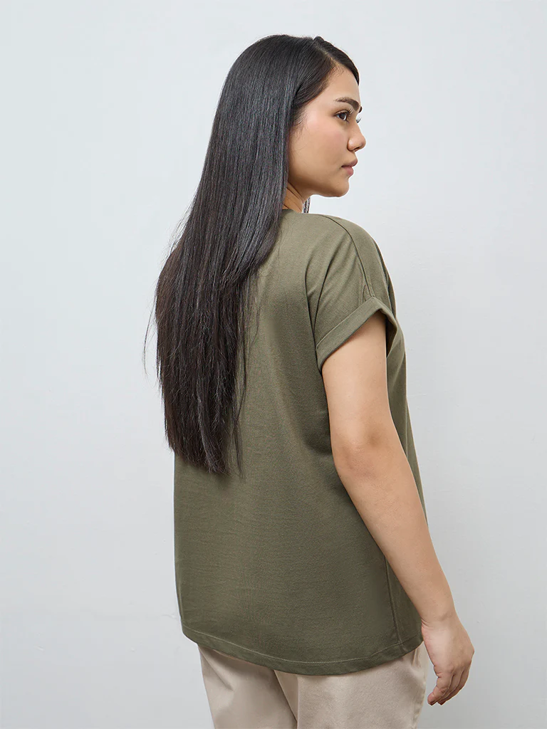 Gia Olive Leaf Pattern Cotton T-Shirt - Image 4