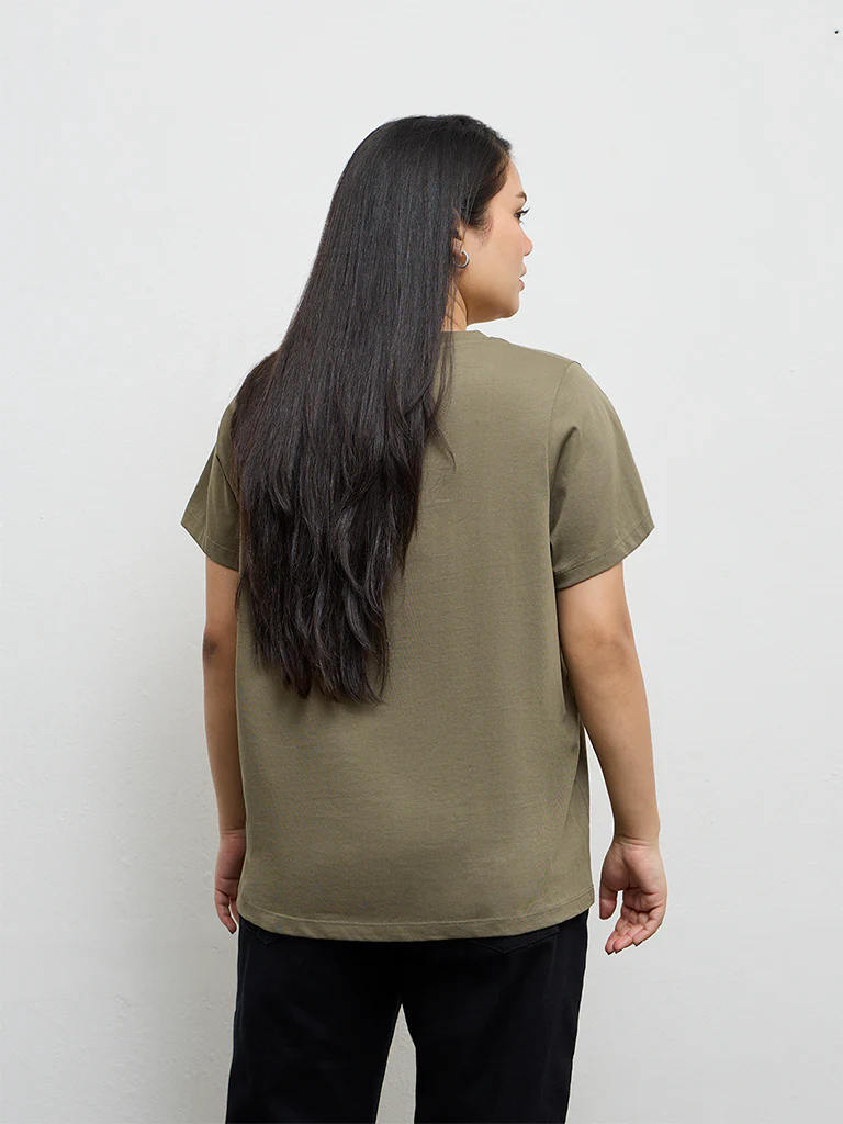 Gia Olive Sequin Embellished Cotton T-Shirt - Image 4