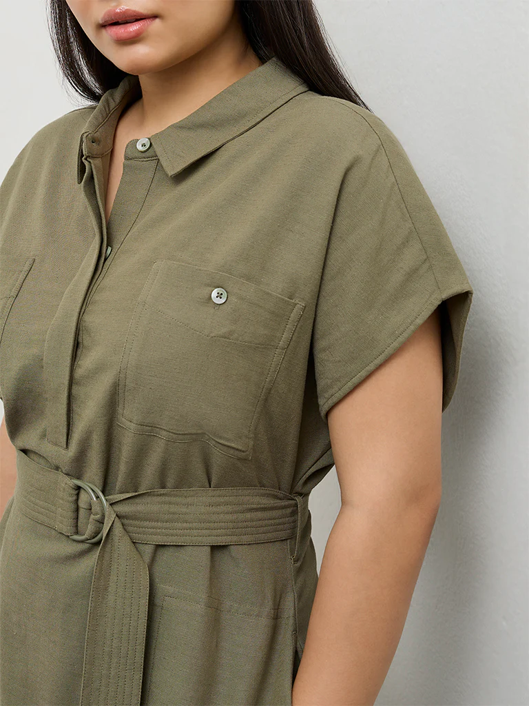 Gia Olive Solid A-Line Dress with Belt - Image 3
