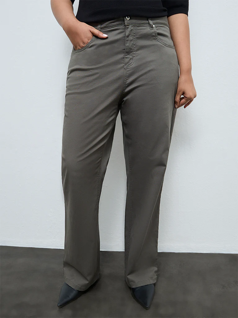 Gia Olive Solid High-Rise Cotton-Blend Trousers - Image 2