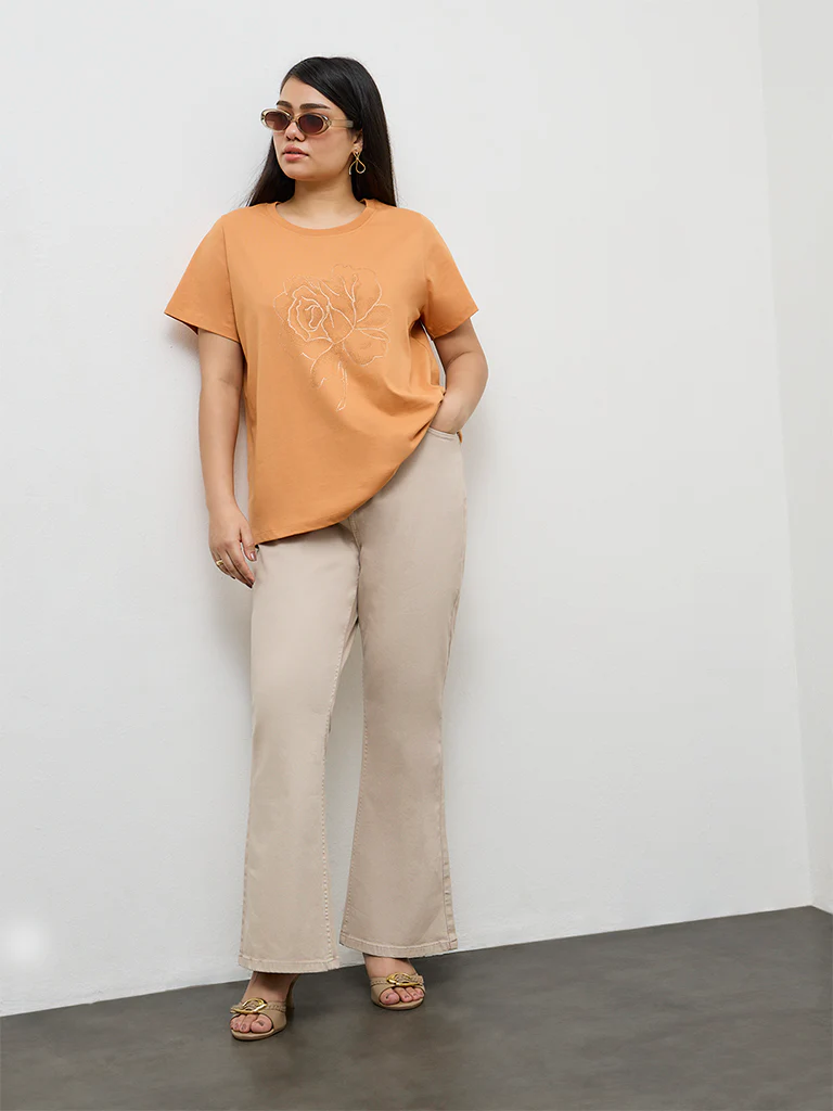 Gia Orange Floral Design Cotton T-Shirt - Image 2