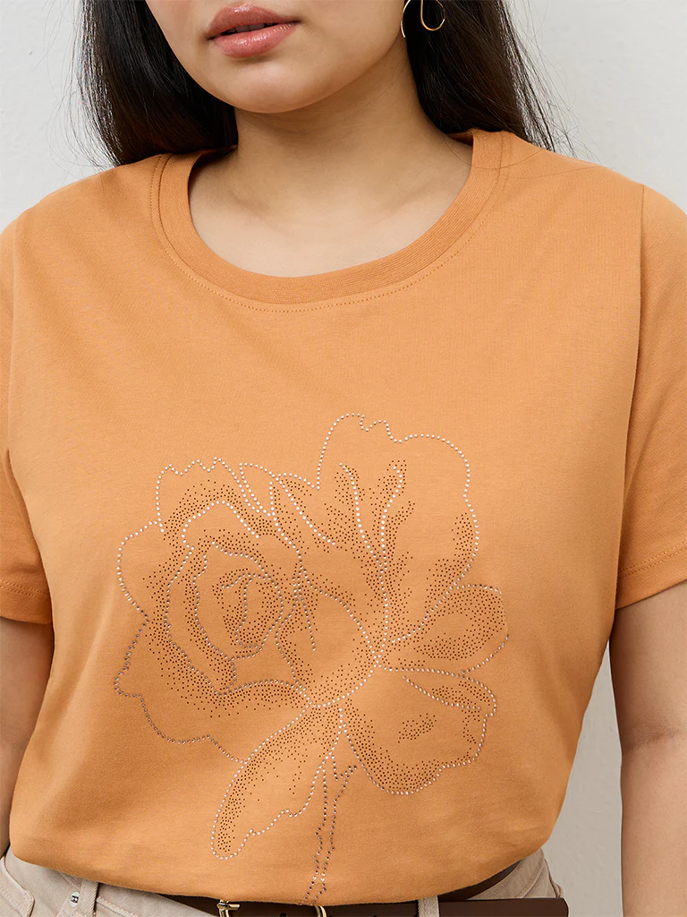 Gia Orange Floral Design Cotton T-Shirt - Image 3