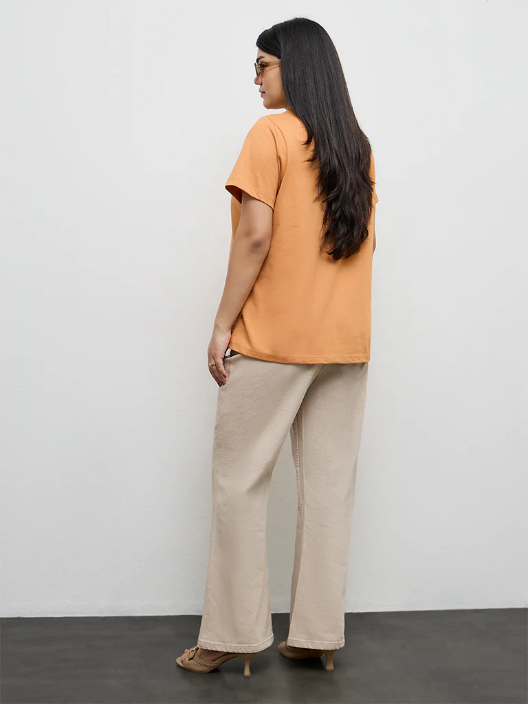 Gia Orange Floral Design Cotton T-Shirt - Image 4