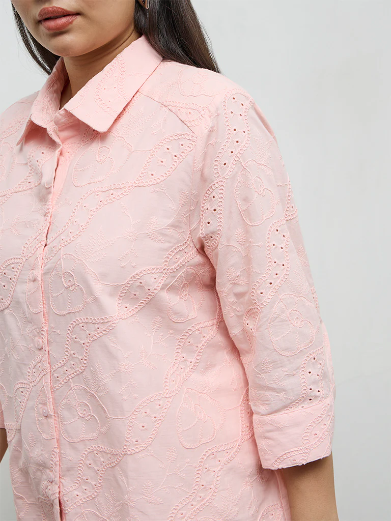 Gia Pink Embroidered Cotton Shirt - Image 3