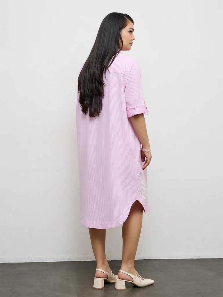 Gia Pink Striped Cotton A-Line Dress - Image 4
