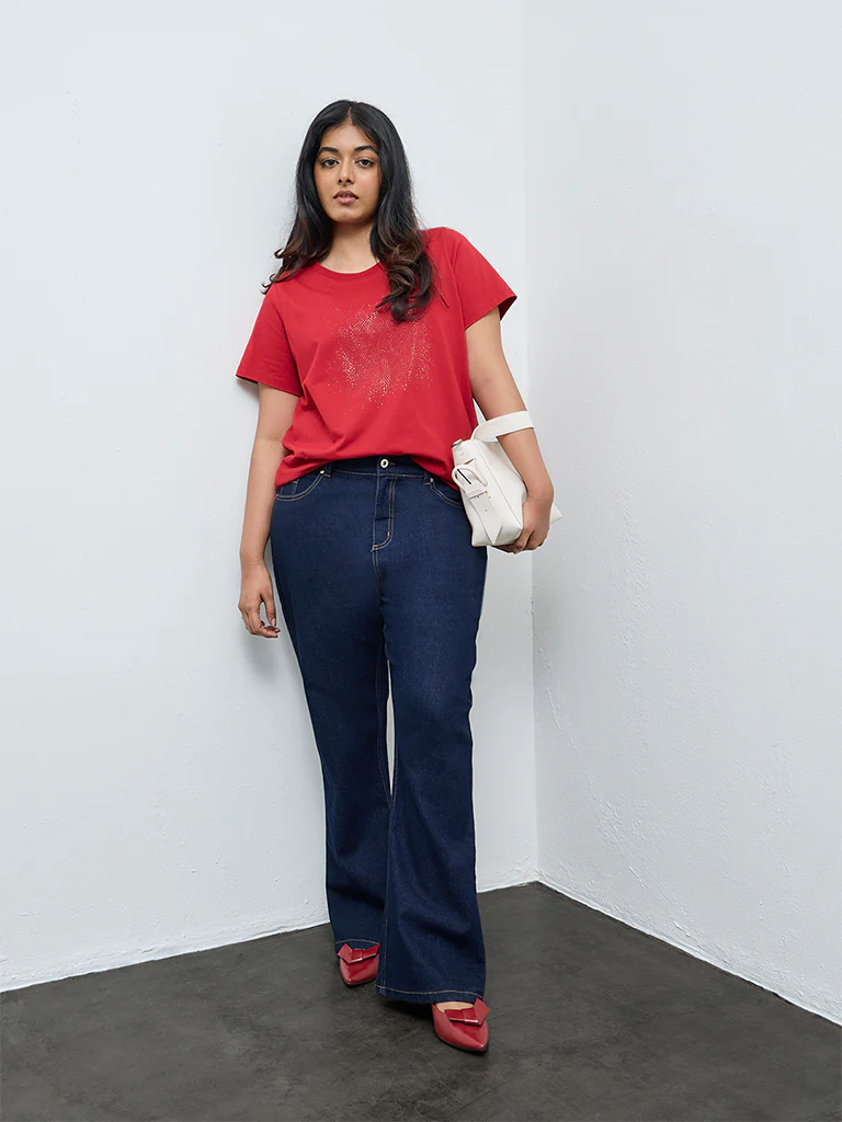 Gia Red Embellished Cotton T-Shirt - Image 2