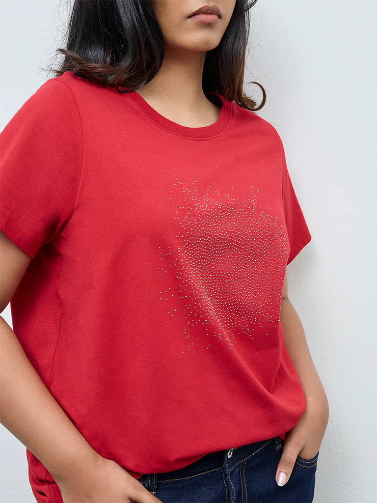 Gia Red Embellished Cotton T-Shirt - Image 3