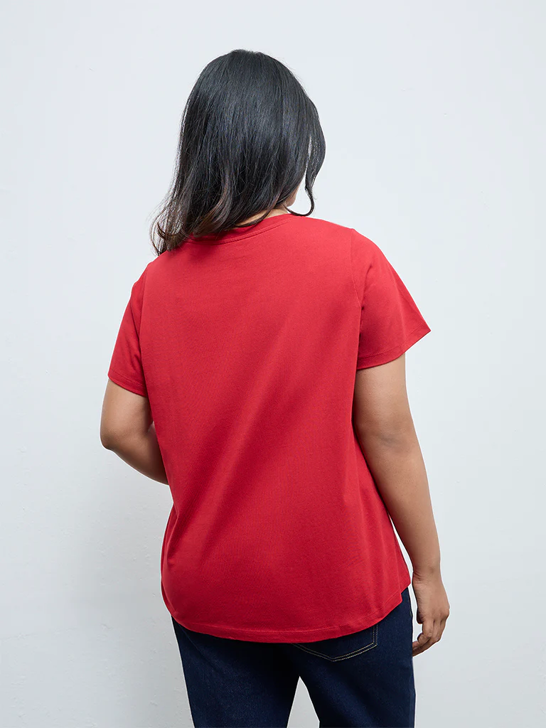 Gia Red Embellished Cotton T-Shirt - Image 4
