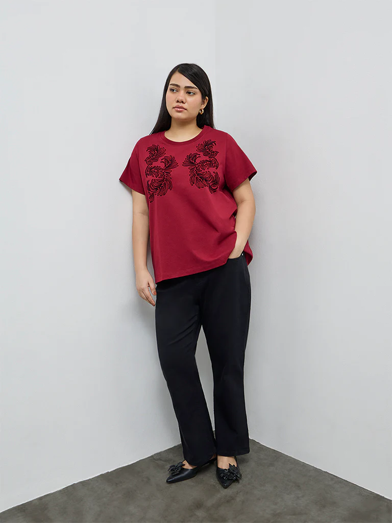 Gia Red Embroidered Cotton T-Shirt - Image 2