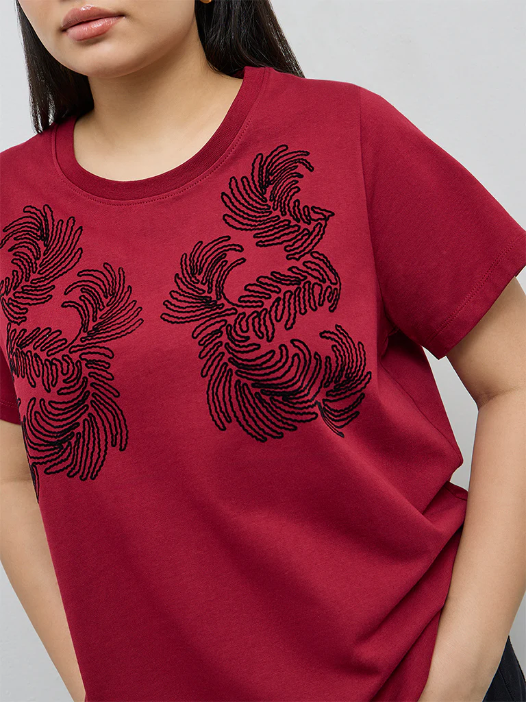 Gia Red Embroidered Cotton T-Shirt - Image 3