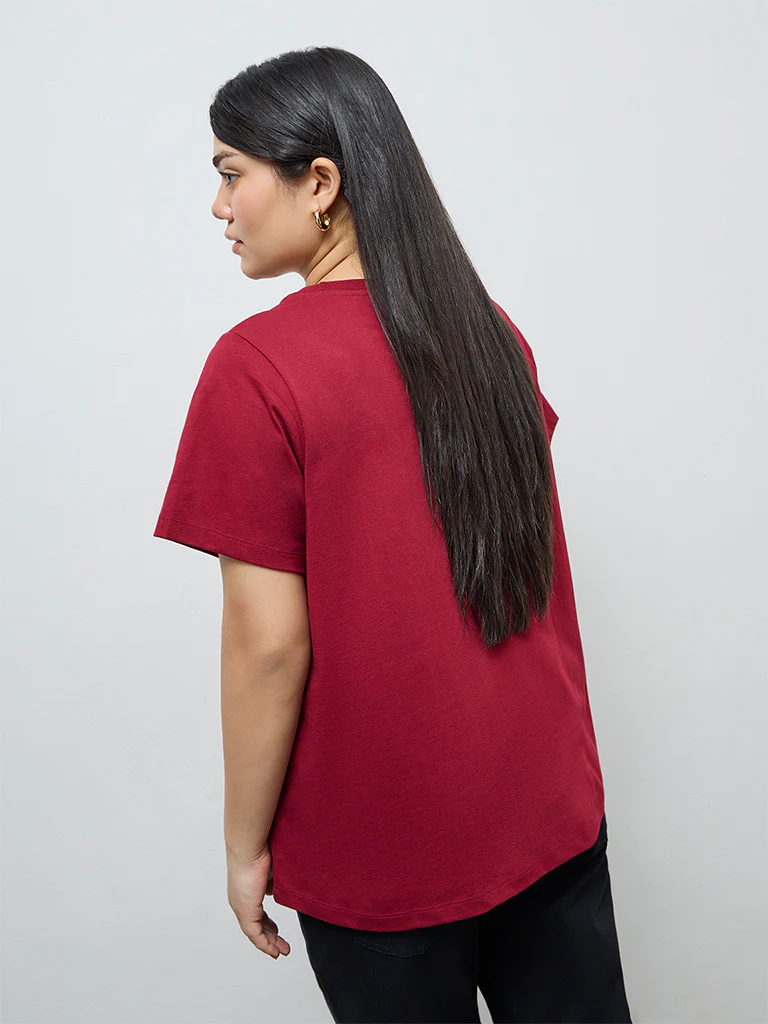 Gia Red Embroidered Cotton T-Shirt - Image 4