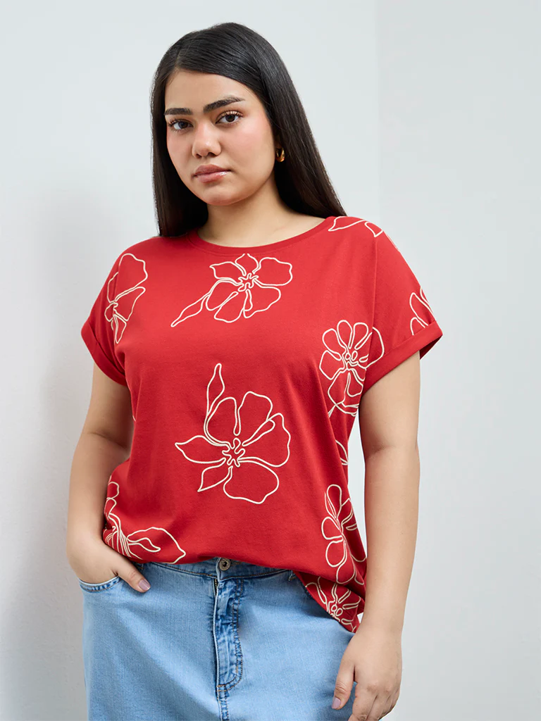 Gia Red Floral Cotton T-Shirt