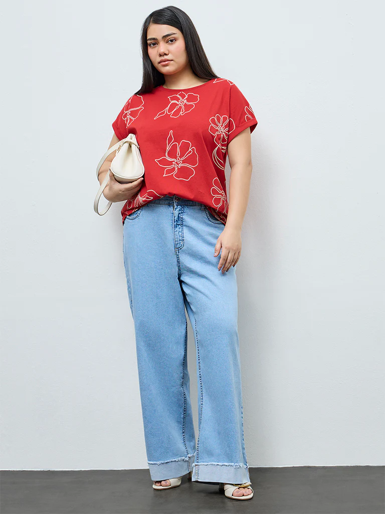 Gia Red Floral Cotton T-Shirt - Image 2