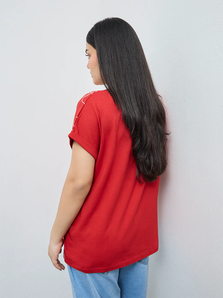 Gia Red Floral Cotton T-Shirt - Image 4
