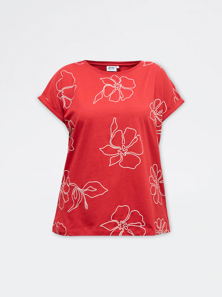 Gia Red Floral Cotton T-Shirt - Image 5