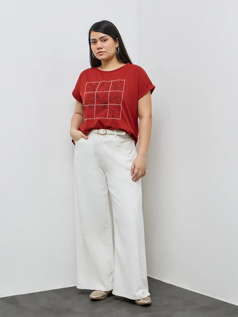 Gia Red Floral Design Cotton T-Shirt - Image 2