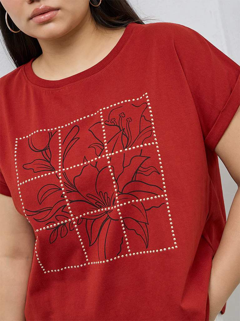 Gia Red Floral Design Cotton T-Shirt - Image 3