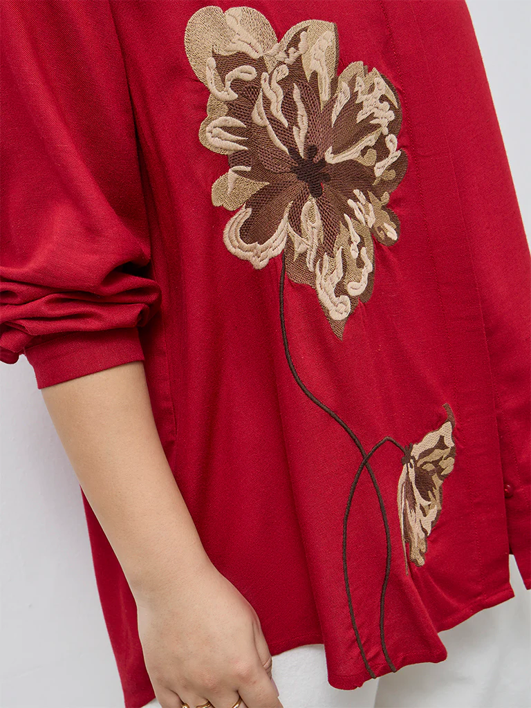 Gia Red Floral Embroidered Shirt - Image 3