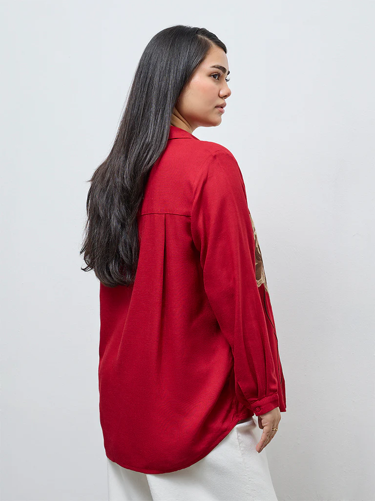 Gia Red Floral Embroidered Shirt - Image 4