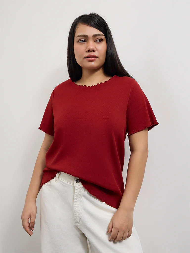 Gia Red Ribbed Cotton-Blend T-Shirt - Image 2