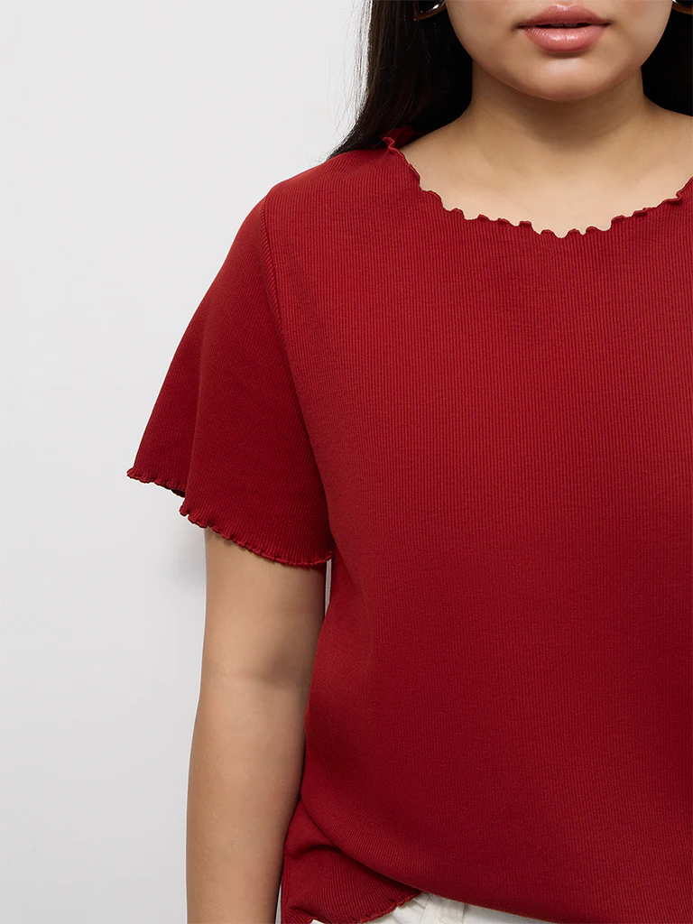 Gia Red Ribbed Cotton-Blend T-Shirt - Image 3