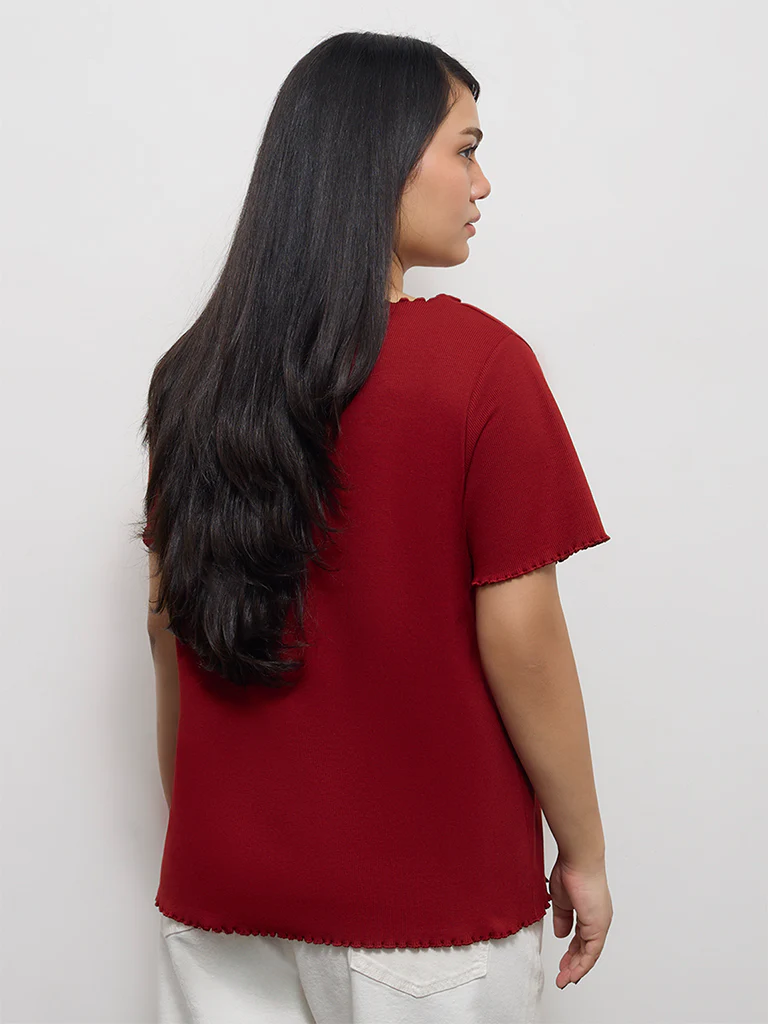 Gia Red Ribbed Cotton-Blend T-Shirt - Image 4
