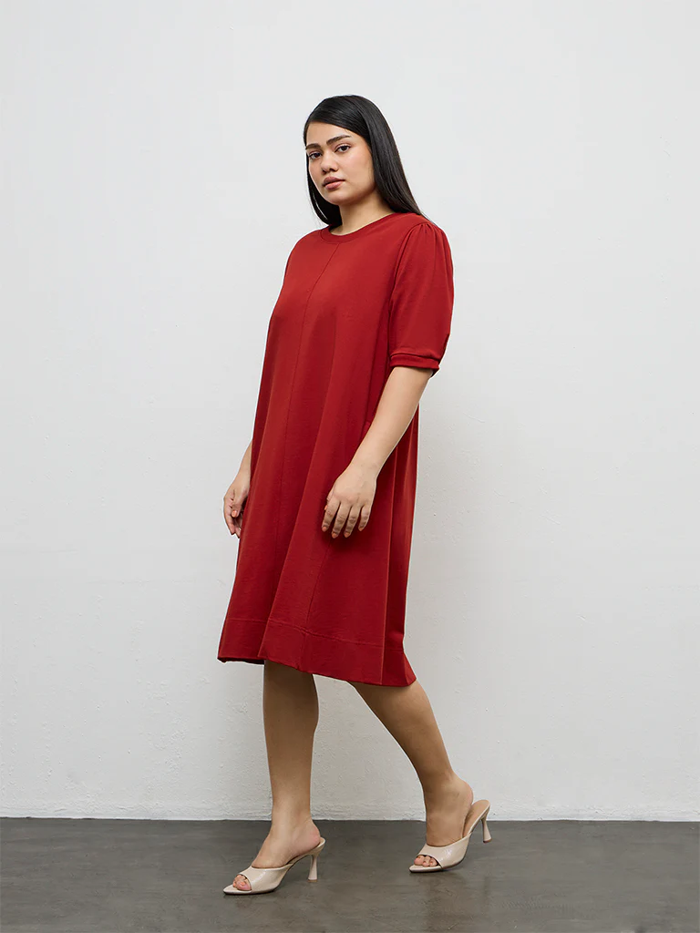 Gia Red Solid Cotton A-Line Dress - Image 2