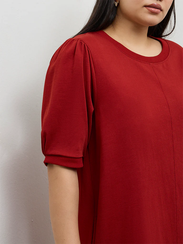 Gia Red Solid Cotton A-Line Dress - Image 3