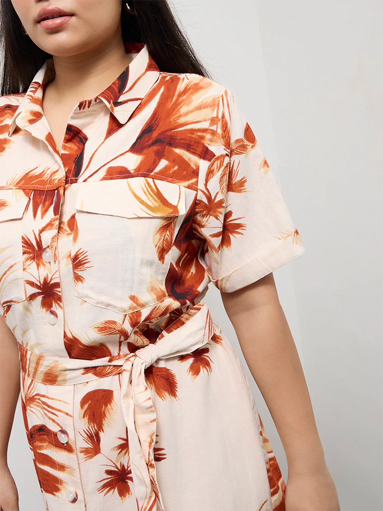 Gia Rust Botanical Printed Shirt Dress with Belt - Image 3