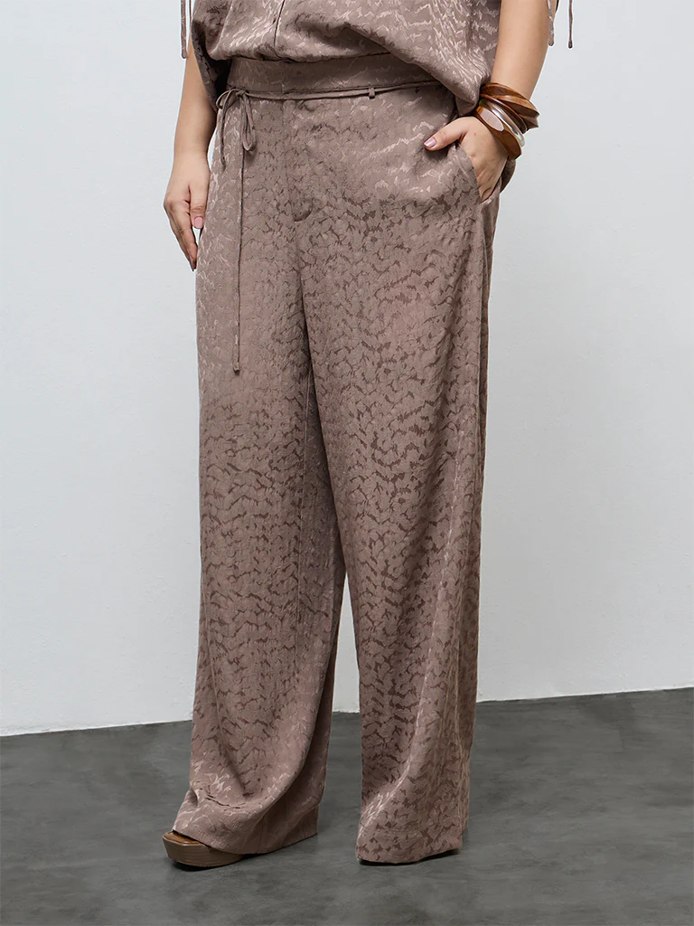 Gia Taupe Self-Patterned High-Rise Pants with Belt - Image 2
