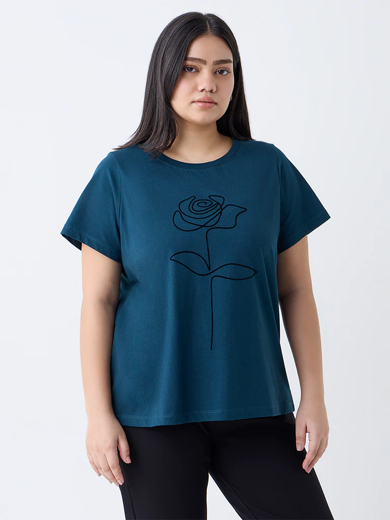 Gia Teal Floral Printed Cotton T-Shirt