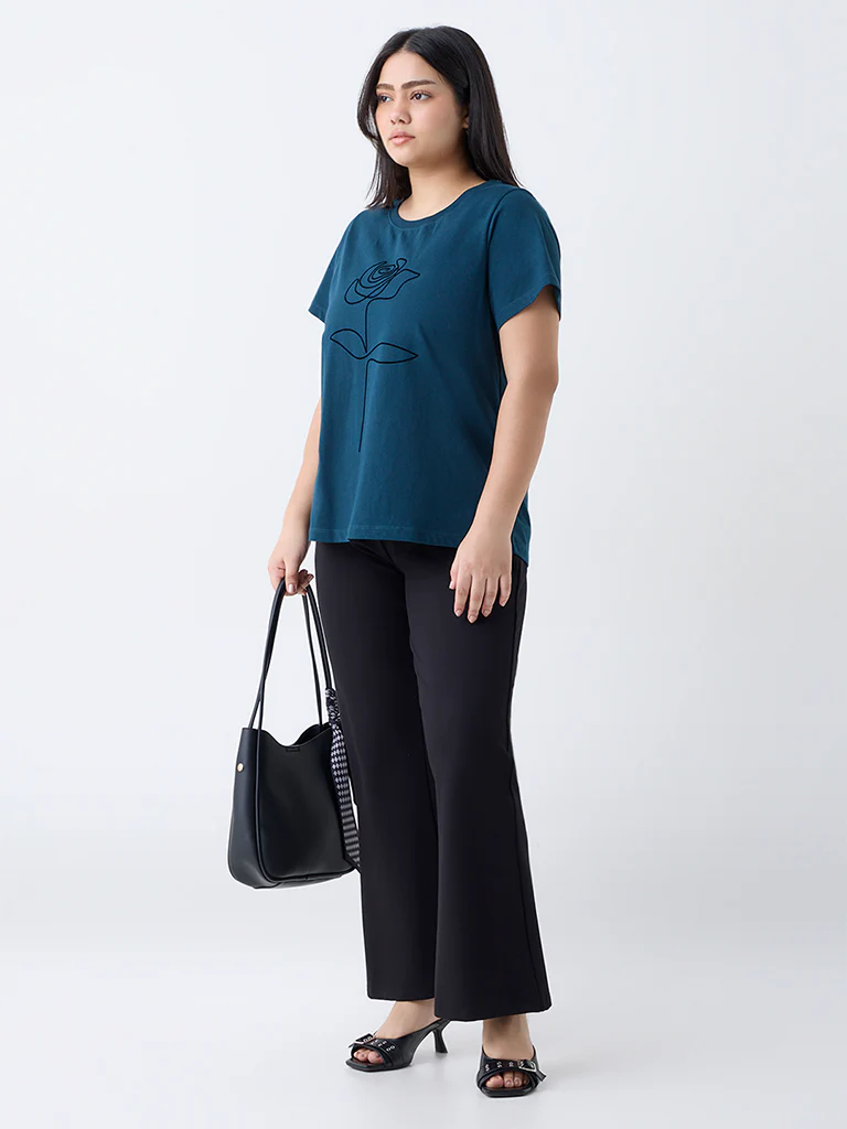 Gia Teal Floral Printed Cotton T-Shirt - Image 2