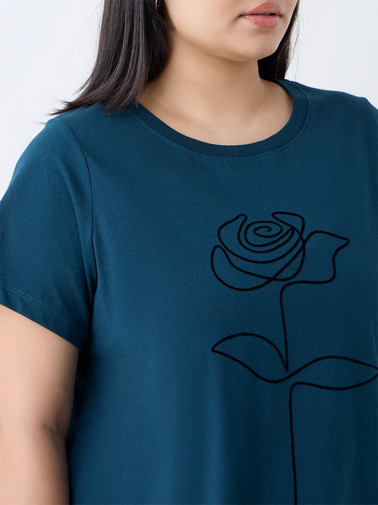 Gia Teal Floral Printed Cotton T-Shirt - Image 3