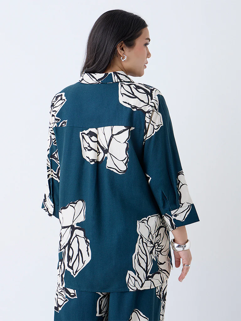 Gia Teal Foliage Printed Shirt - Image 4