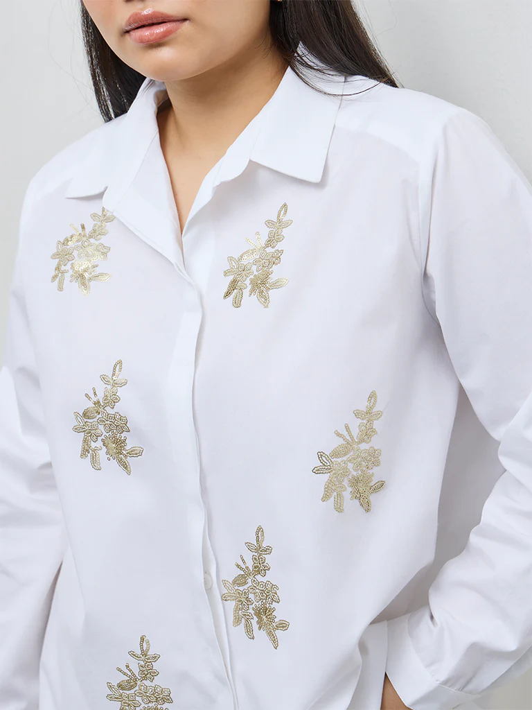 Gia White Floral Embellished Cotton Shirt - Image 3