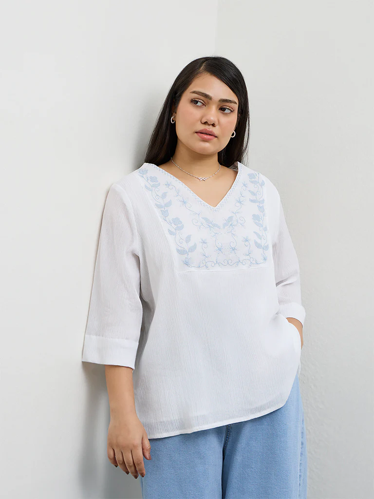 Gia White Floral Embroidered Cotton Blouse