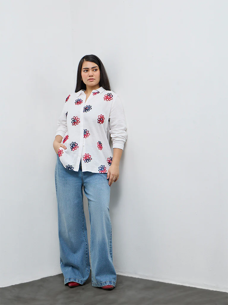 Gia White Floral Embroidered Cotton Shirt - Image 2