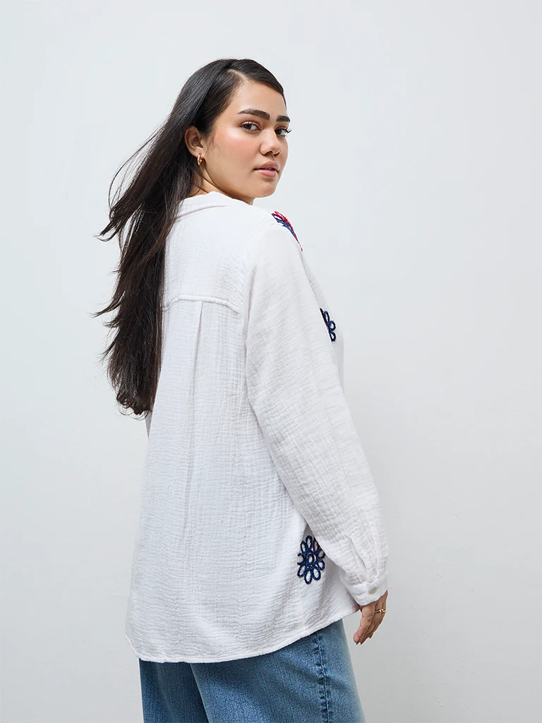 Gia White Floral Embroidered Cotton Shirt - Image 4