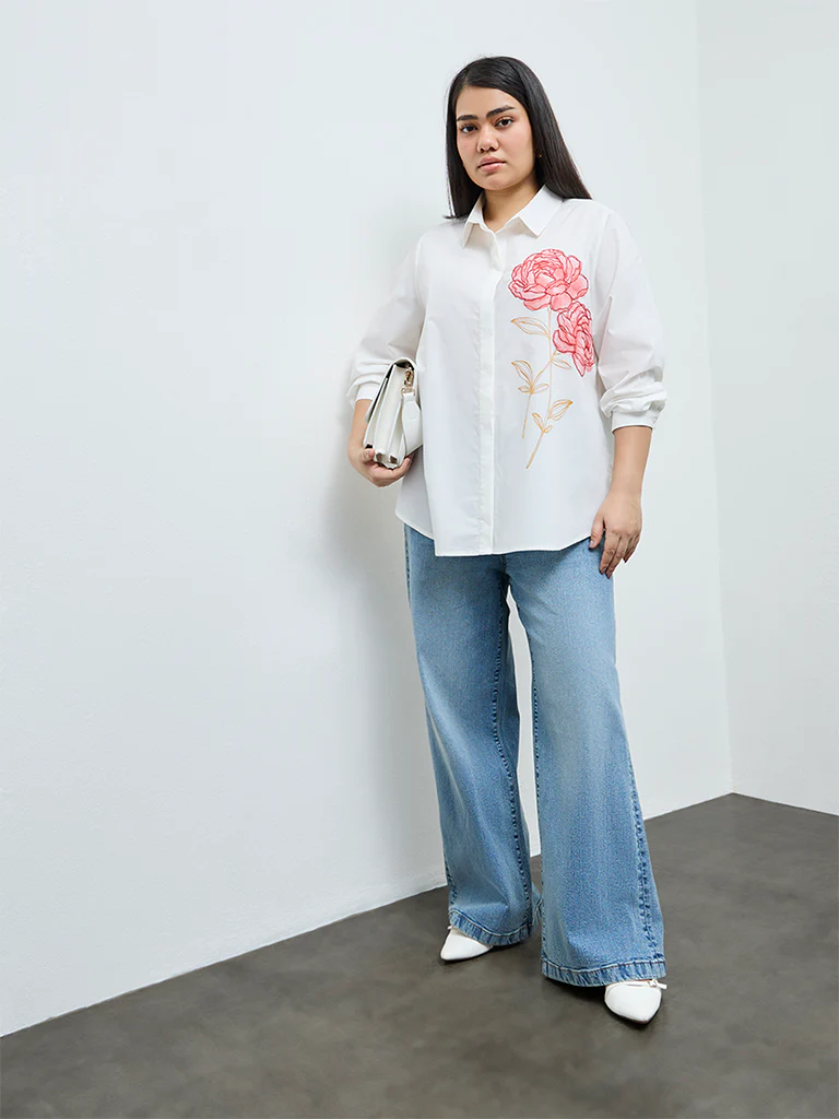Gia White Floral Embroidered Cotton Shirt - Image 2