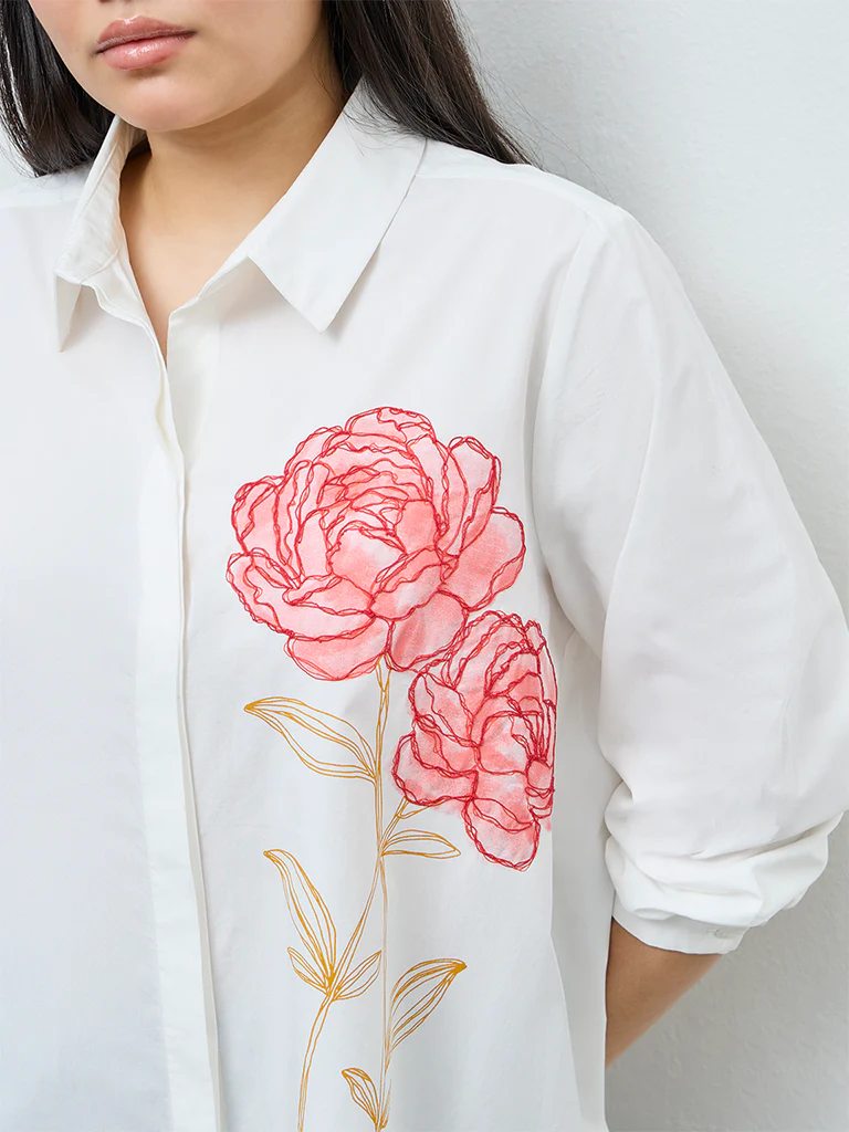 Gia White Floral Embroidered Cotton Shirt - Image 3