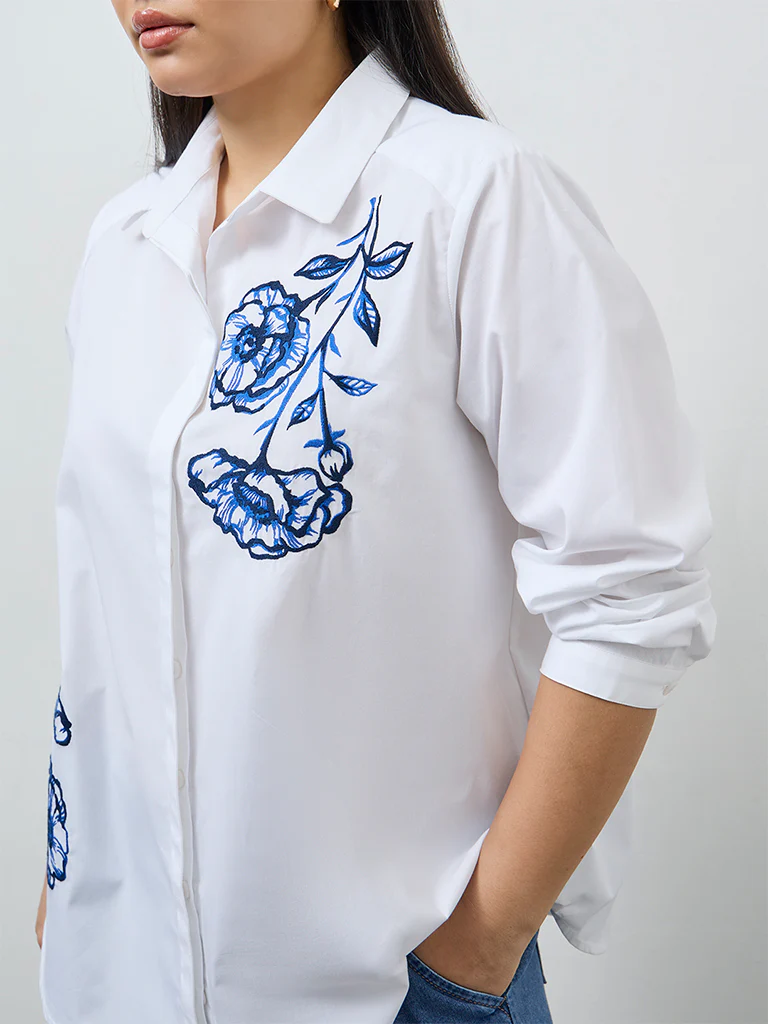 Gia White Floral Embroidered Cotton Shirt - Image 3