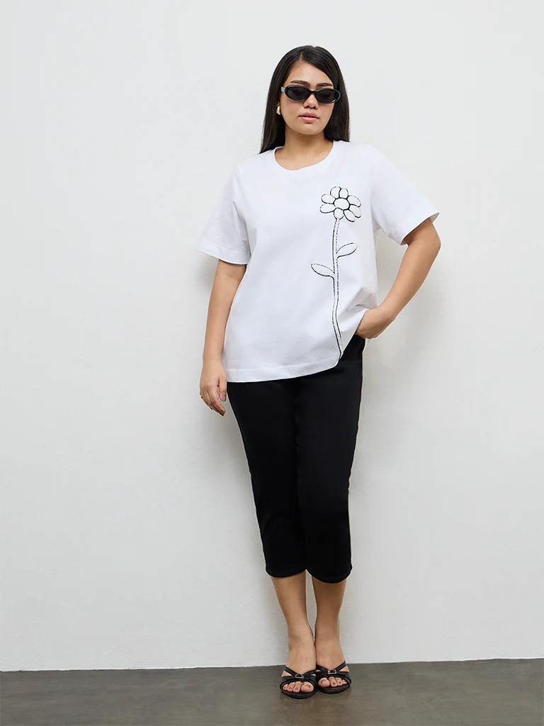 Gia White Floral Printed Cotton T-Shirt - Image 2