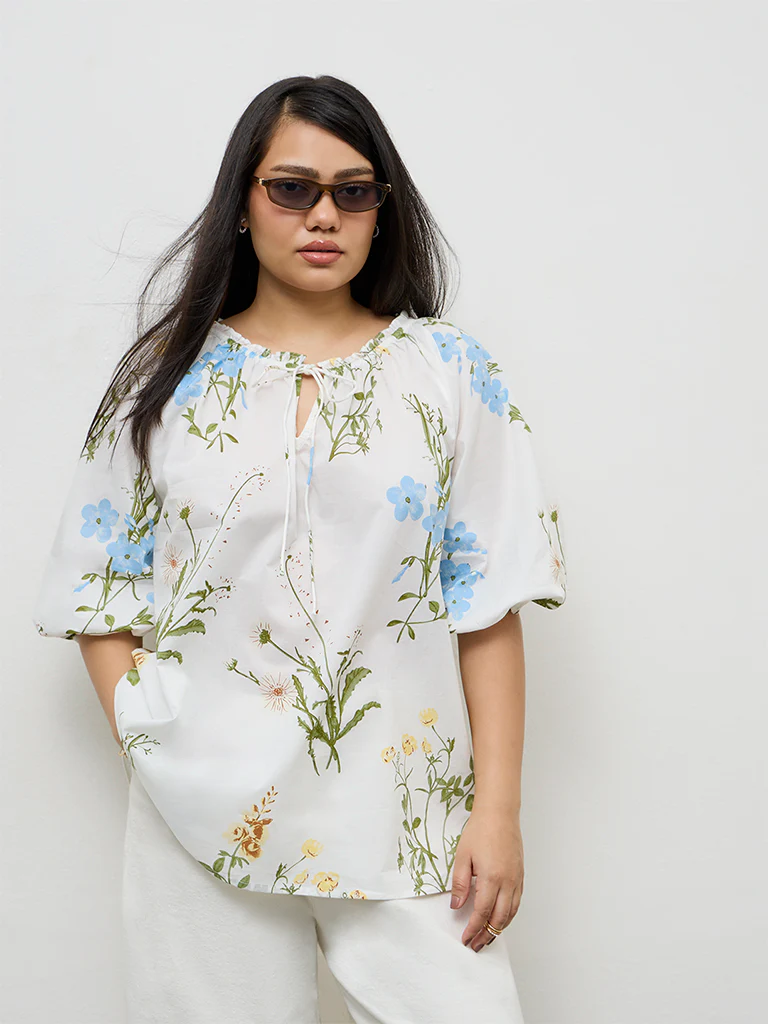Gia White Foliage Printed Cotton Top