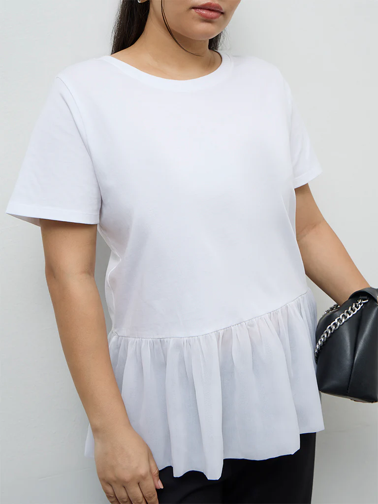 Gia White Ruffled Hem Cotton Top - Image 3
