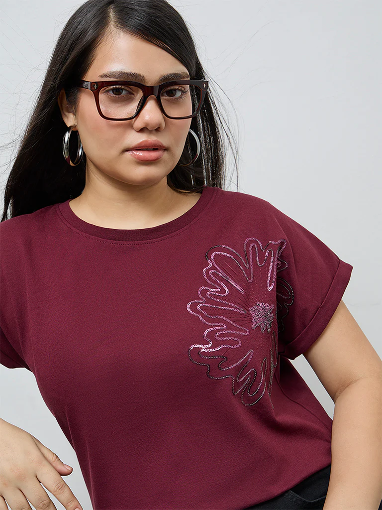 Gia Wine Floral Embellished Cotton T-Shirt - Image 3