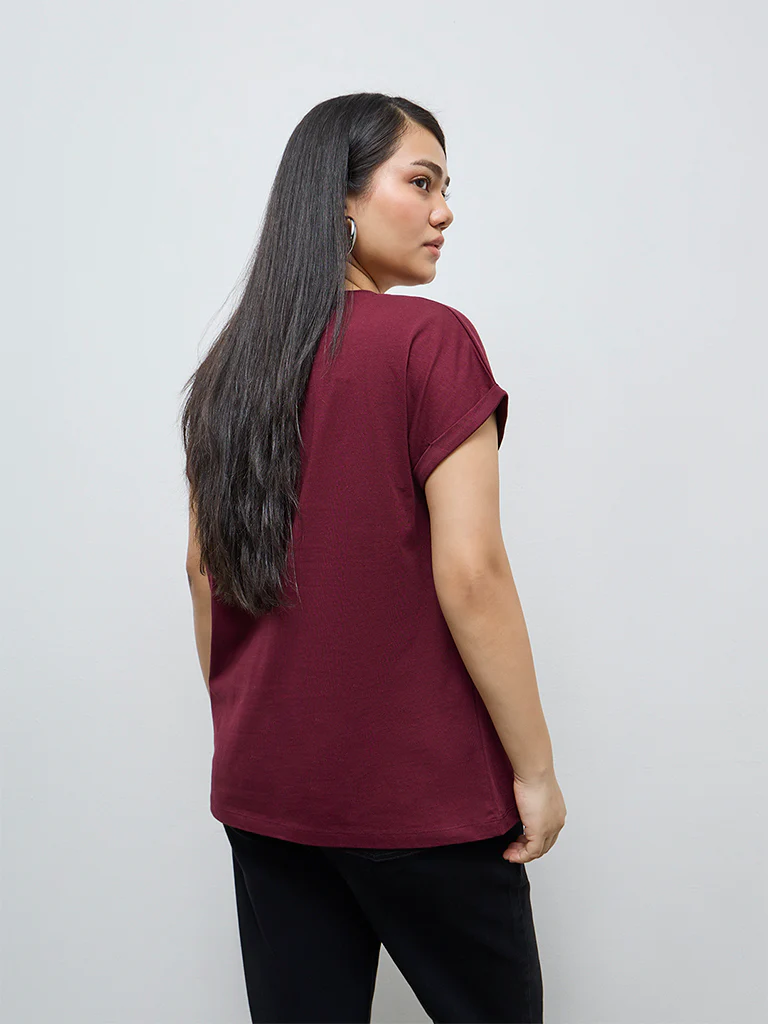 Gia Wine Floral Embellished Cotton T-Shirt - Image 4