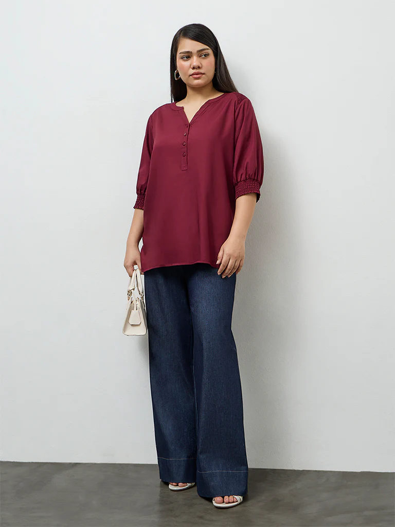 Gia Wine Smocked Detail Blouse - Image 2