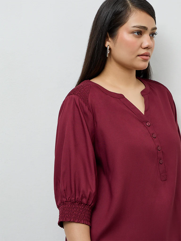 Gia Wine Smocked Detail Blouse - Image 3