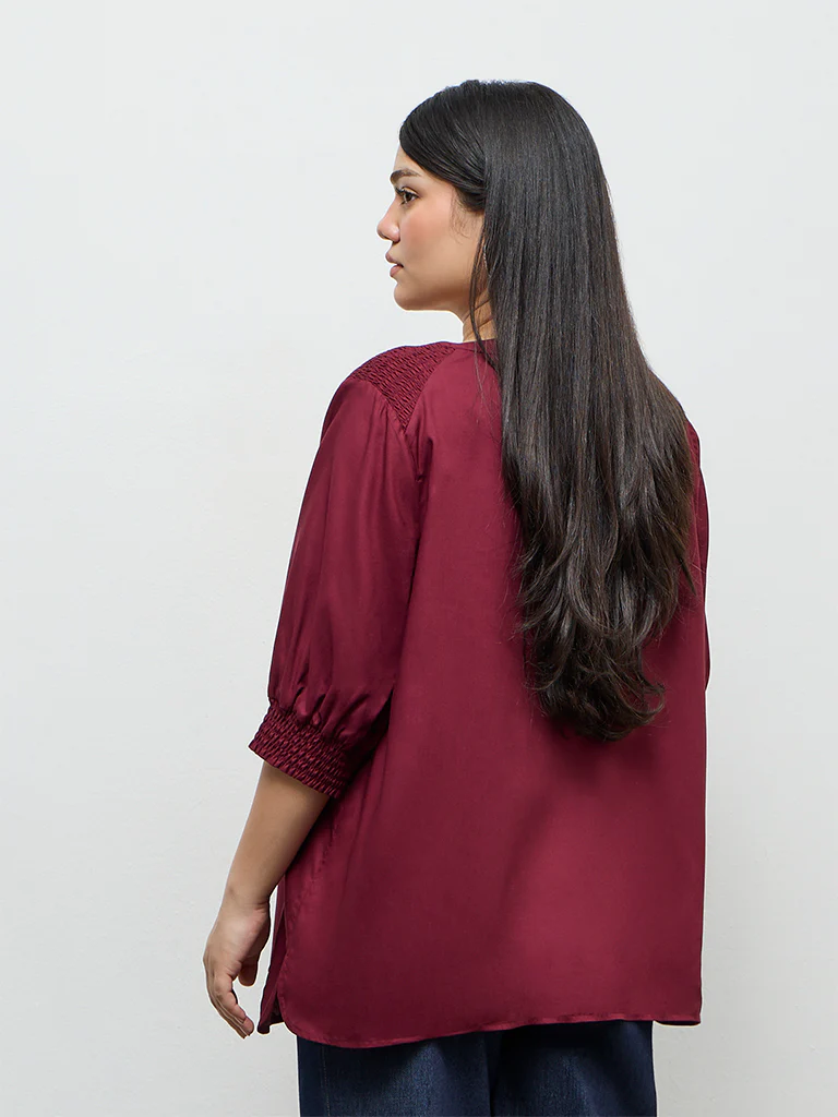 Gia Wine Smocked Detail Blouse - Image 4
